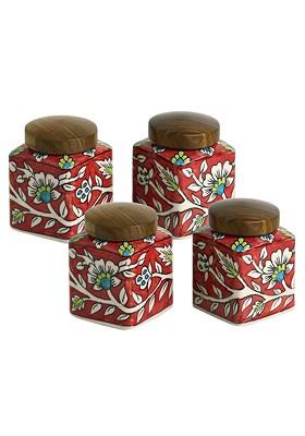 Set Of 4 Red And Brown Floral Printed Ceramic Storage Jar With Lid