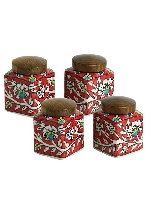 Set Of 4 Red And Brown Floral Printed Ceramic Storage Jar With Lid