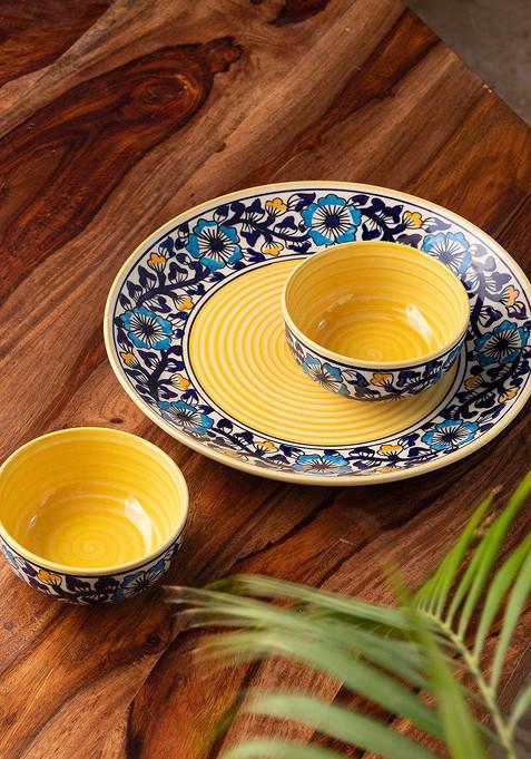 Navy Blue Yellow 3 Pieces Floral Printed Ceramic Glossy Dinner Set