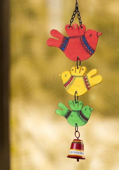 Multicoloured Feathered Friends Metal And Wood Hanging Bell Windchimes