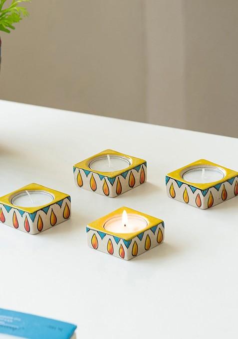 Mughal Blazing Jungu 4 Pieces White And Yellow Printed Tea Light Holder