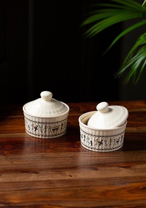 Whispers Of Warli Set Of 2 Off White Handcrafted Ceramic Pickle Holders