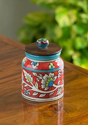 Red And Brown Hand Painted Studio Pottery Ceramic Kitchen Storage Jar