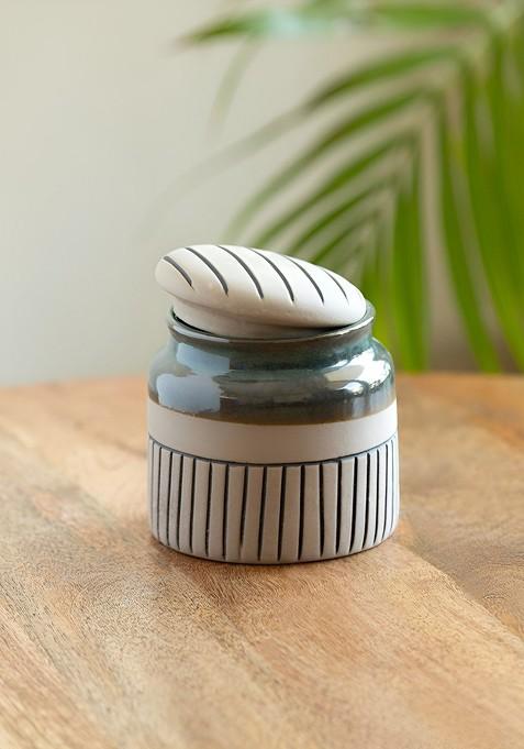 Grey And Teal Pine Incise Ceramic Jar 480 Ml