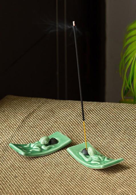 Set Of 2 Pista Green Ceramic Incense Stick Holder