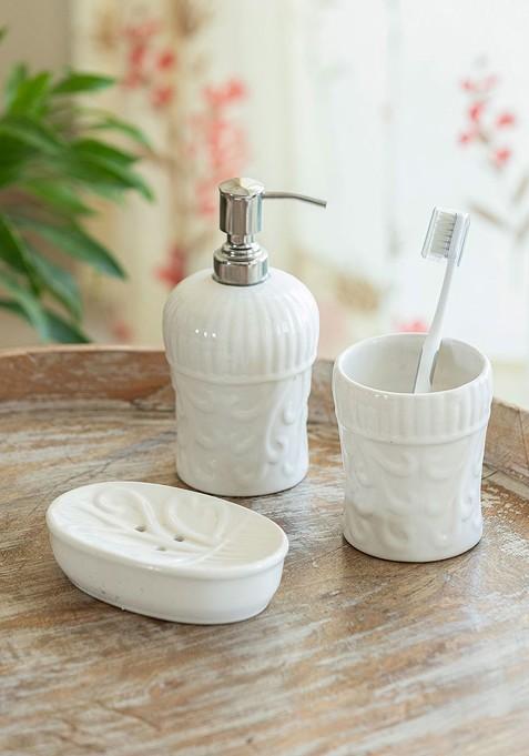 Off White 3 Piecesfloral Ceramic Bath Accessories Set