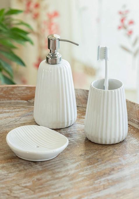 Off White 3 Pieces Striped Ceramic Bath Accessories Set