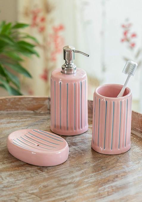 Pink And Blue 3 Pieces Striped Ceramic Bath Accessories Set