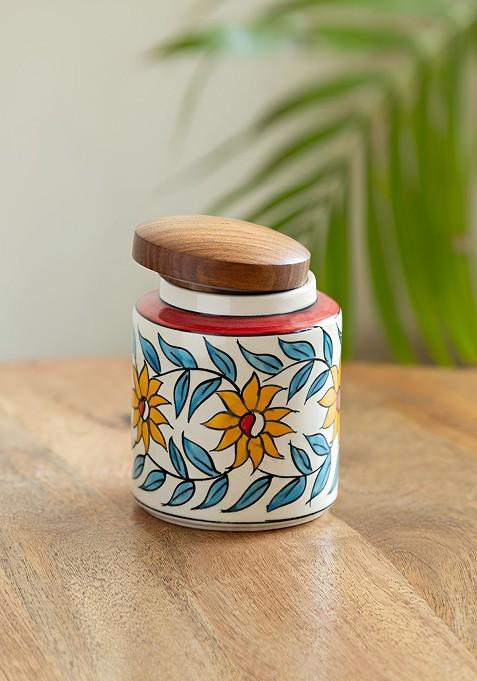 White And Brown Persian Floral Painted Ceramic Container 600 Ml