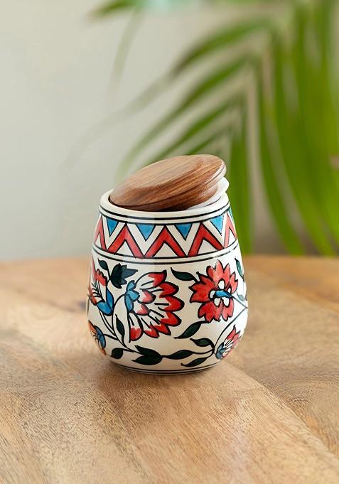 White And Red Persian Floral Printed Ceramic Container