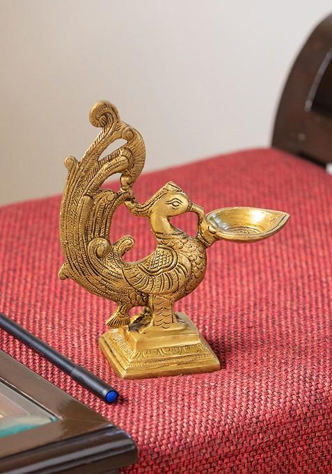 Gold Toned Marvellous Peacock Hand Etched Carved Brass Diya