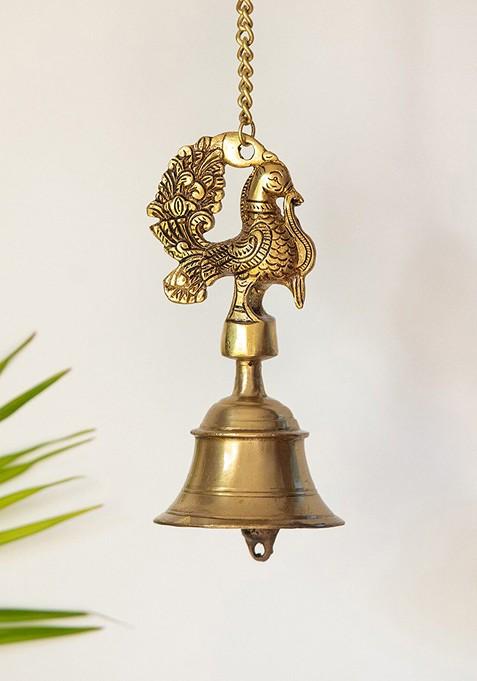 Gold Toned Brass Elegant Peacock Hand Etched Decorative Hanging Bell