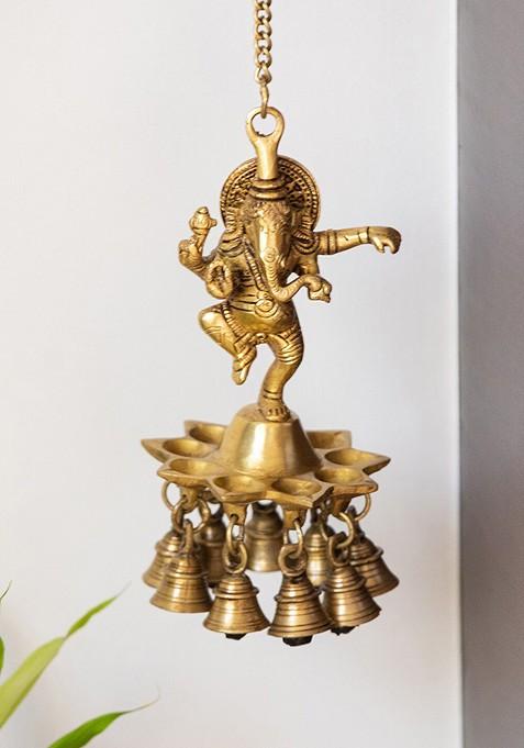Gold Swaying Ganesha Hand Etched Brass Decorative Hanging Diya With Bell