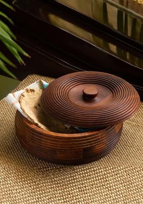 Ripples Of Wood Coffee Brown Wooden Handcrafted Chapati Box With Lid