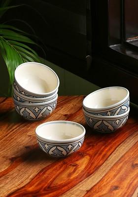 Grey And Black Set Of 6 Hand Painted Printed Ceramic Glossy Bowls