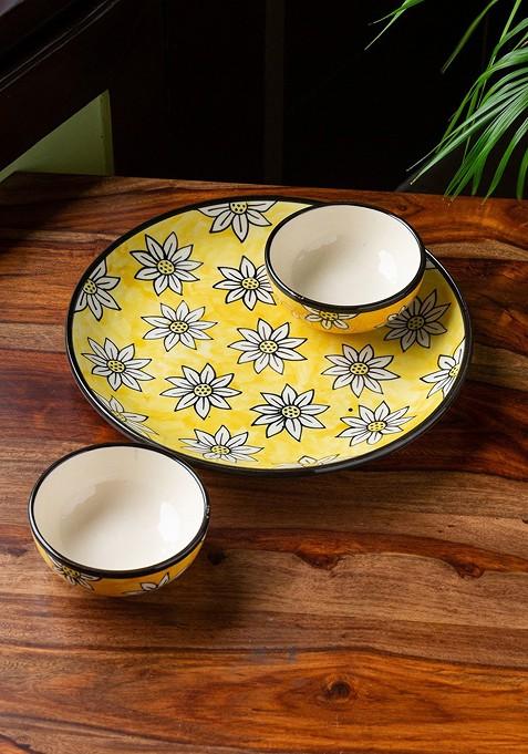 Yellow And White 3 Pieces Hand Painted Printed Ceramic Glossy Dinner Set