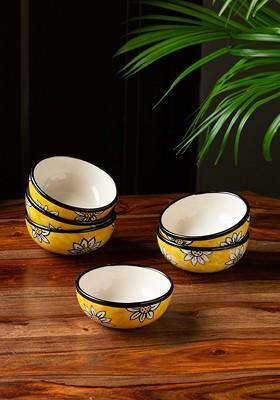 Yellow And Black 6 Pieces Hand Painted Printed Ceramic Glossy Bowls