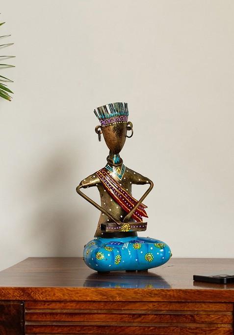 Gold Toned And Blue Hand Painted And Handcrafted Decorative Showpiece