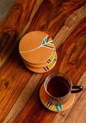 Set Of 4 Brown And Green Hand Painted Coasters