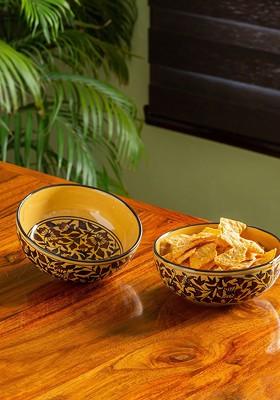 Set Of 2 Brown Mughal Floral Hand Painted Ceramic Serving Bowl Set
