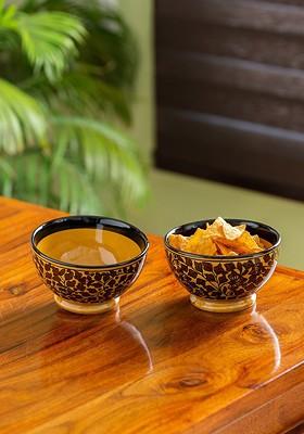 Set Of 2 Mughal Floral Pieces Hand Painted Ceramic Serving Bowls (520 Ml)
