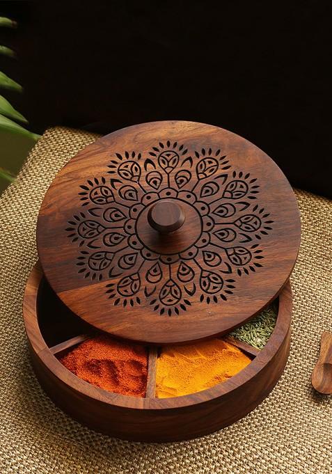 The Dancing Peacock Hand Carved Wooden Spice Box With Spoon