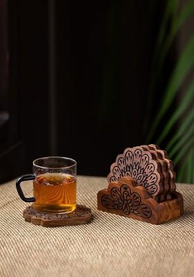 Set Of 4 Brown Hand Carved Wooden Coasters With Holder