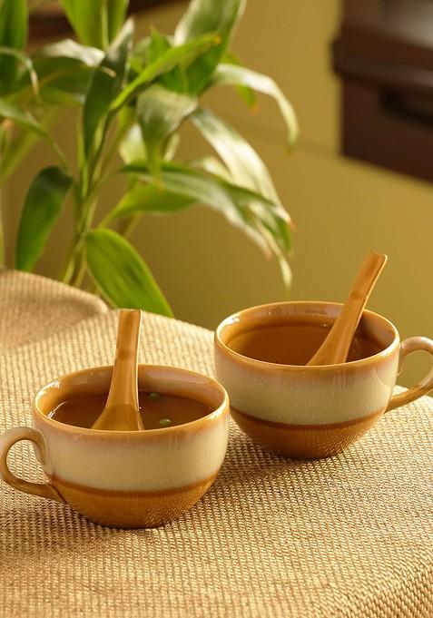 Brown Set Of 2 Dual Hand Glazed Studio Pottery Soup Bowls With Spoons