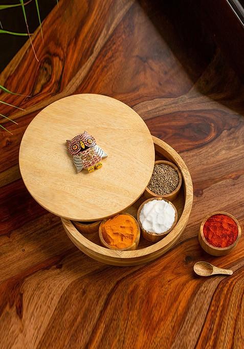 Gold Toned Mango Wooden Spice Box With Spoon