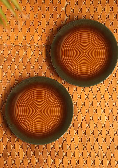 Set Of 2 Amber Handglazed Studio Pottery Ceramic Dinner Plates