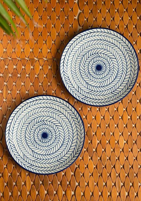Set Of 2 White And Blue Indigo Chevron Hand Painted Ceramic Dinner Plates