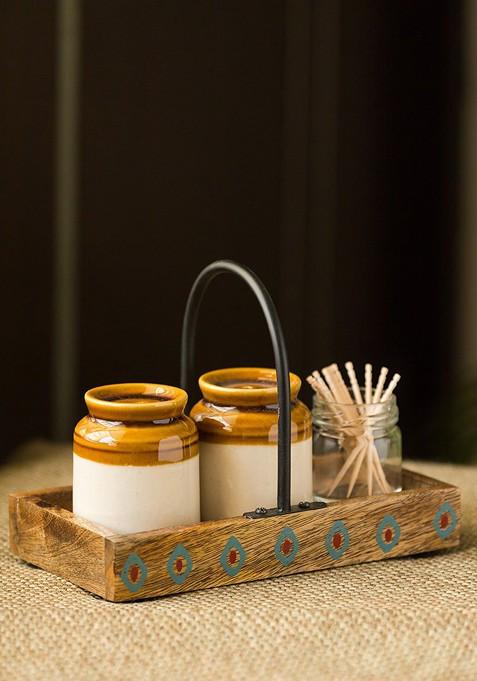 Brown Handcrafted Martaban Salt Pepper And Shaker Toothpick Holder Wooden Tray