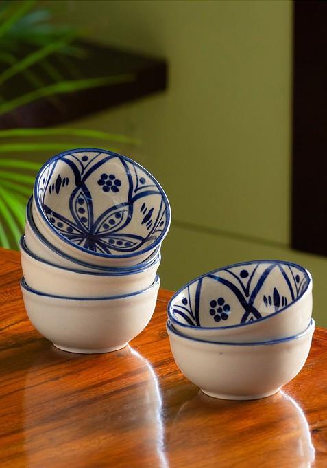 White And Blue Set Of 6 Moroccan Studio Pottery Ceramic Dining Bowls