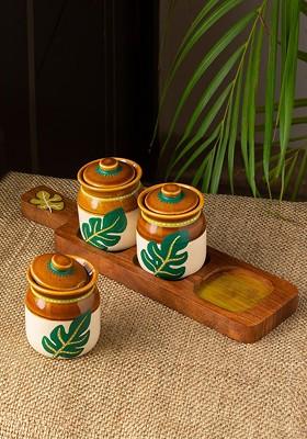 Set Of 3 Shades Of A Leaf Ceramic Jars With Lid Wooden Holder 220 Ml