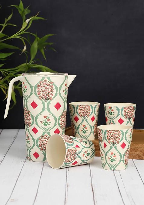 5 Pieces Of White Printed Bamboo Jug And Tumbler