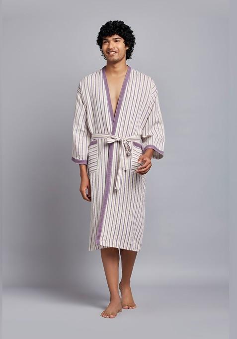 Unisex Striped Cotton Velvet Vista Bath Robe