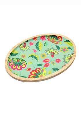 Green Floral Printed Wooden Food Platter