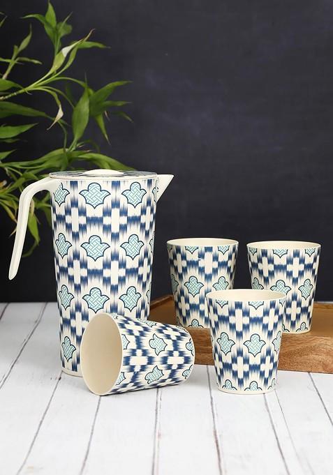 5 Pieces Of White And Blue Printed Bamboo Jug With Tumbler