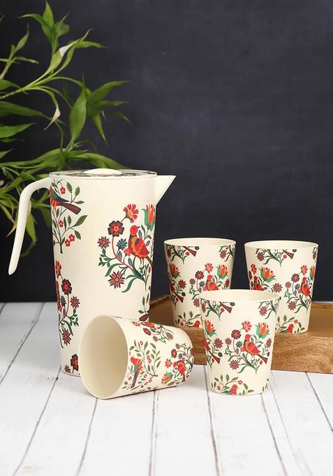 5 Pieces Of Beige Printed Bamboo Jug With Tumbler