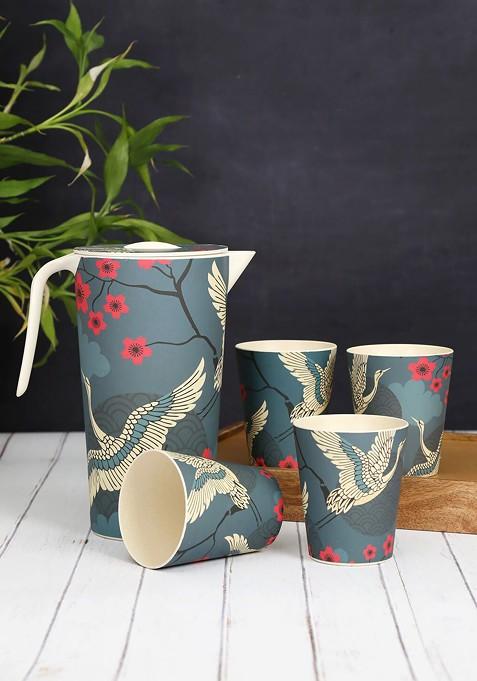5 Pieces Of Blue Printed Bamboo Jug And Tumbler Set