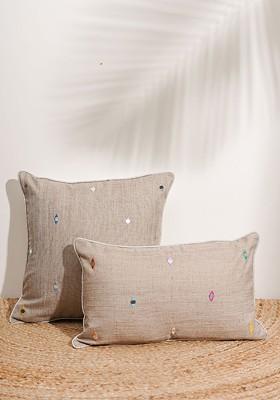 Brown And Blue Geometric Printed Cotton Square Cushion Cover