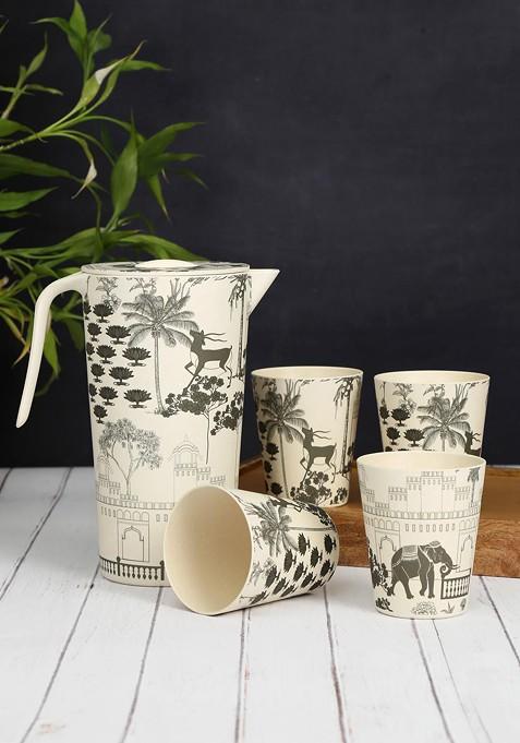 5 Pieces Of White And Grey Bamboo Glasses Jug With Tumbler