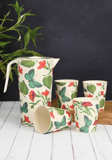 5 Pieces Of White And Green Printed Bamboo Jug With Tumbler