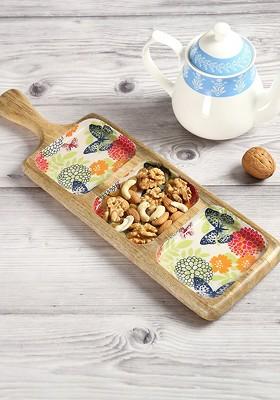 Off White And Blue Printed Wooden Food Compartment Platter