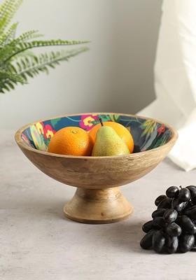 Blue And Pink Printed Wooden Decorative Bowl