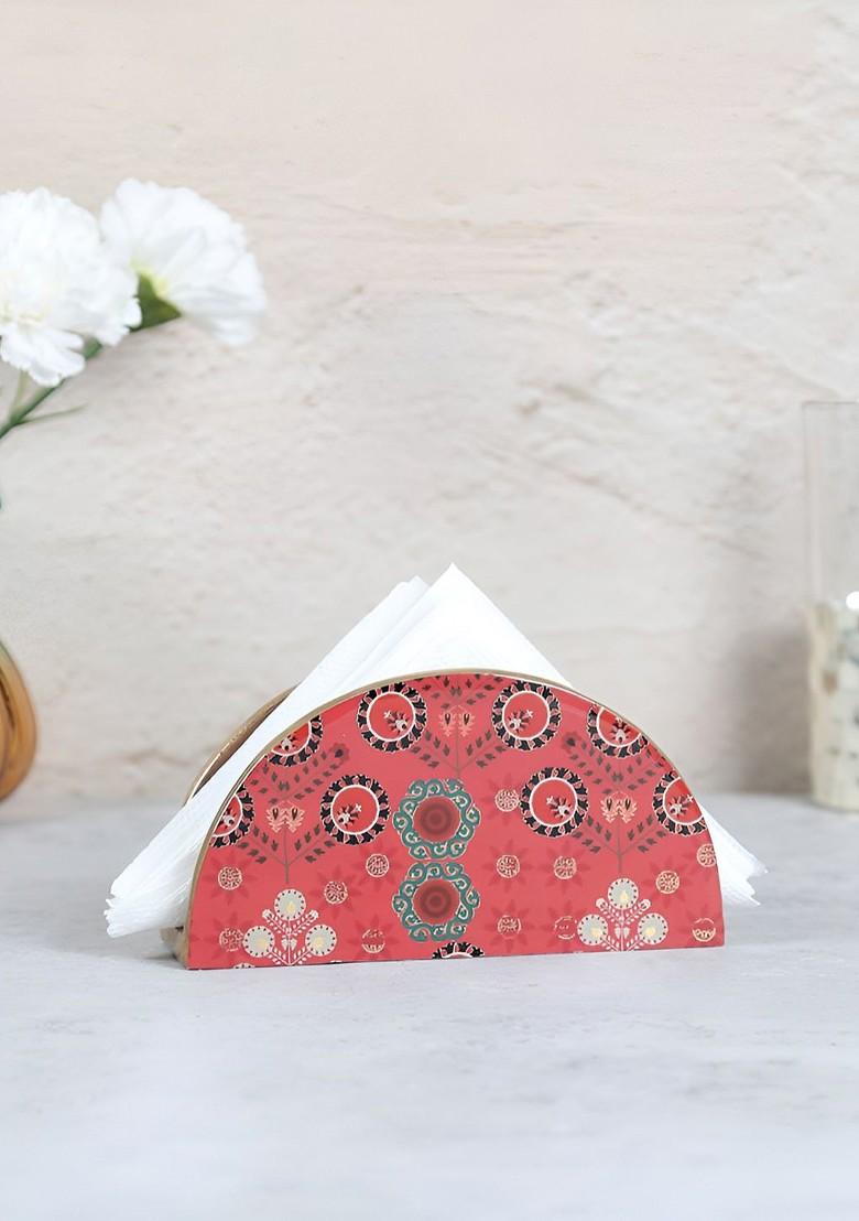 Raceme Rosettes Red Geometric Printed Wooden Tissue Holder