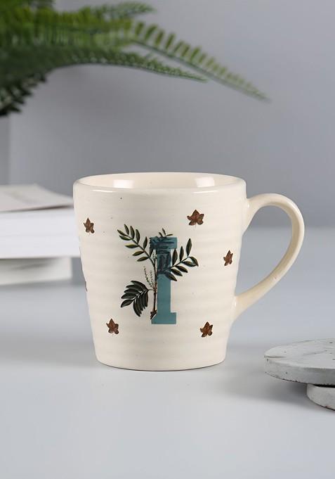 Beige And White Floral Printed Stoneware Glossy Mug 300 Ml