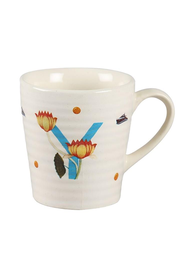 Blue And White Printed Stoneware Glossy Mug 300 Ml