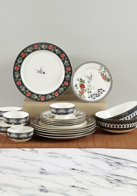 Set Of 20 Multicoloured Floral Bone China Matte Dinner Set