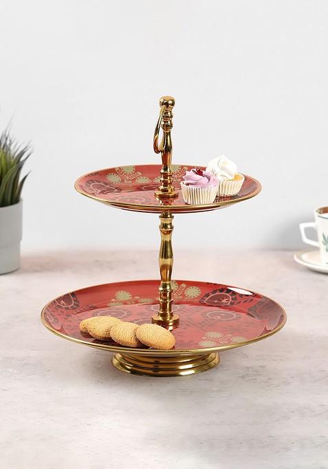 Gold Toned And Red Raceme Rosettes 2 Tier Serving Tray